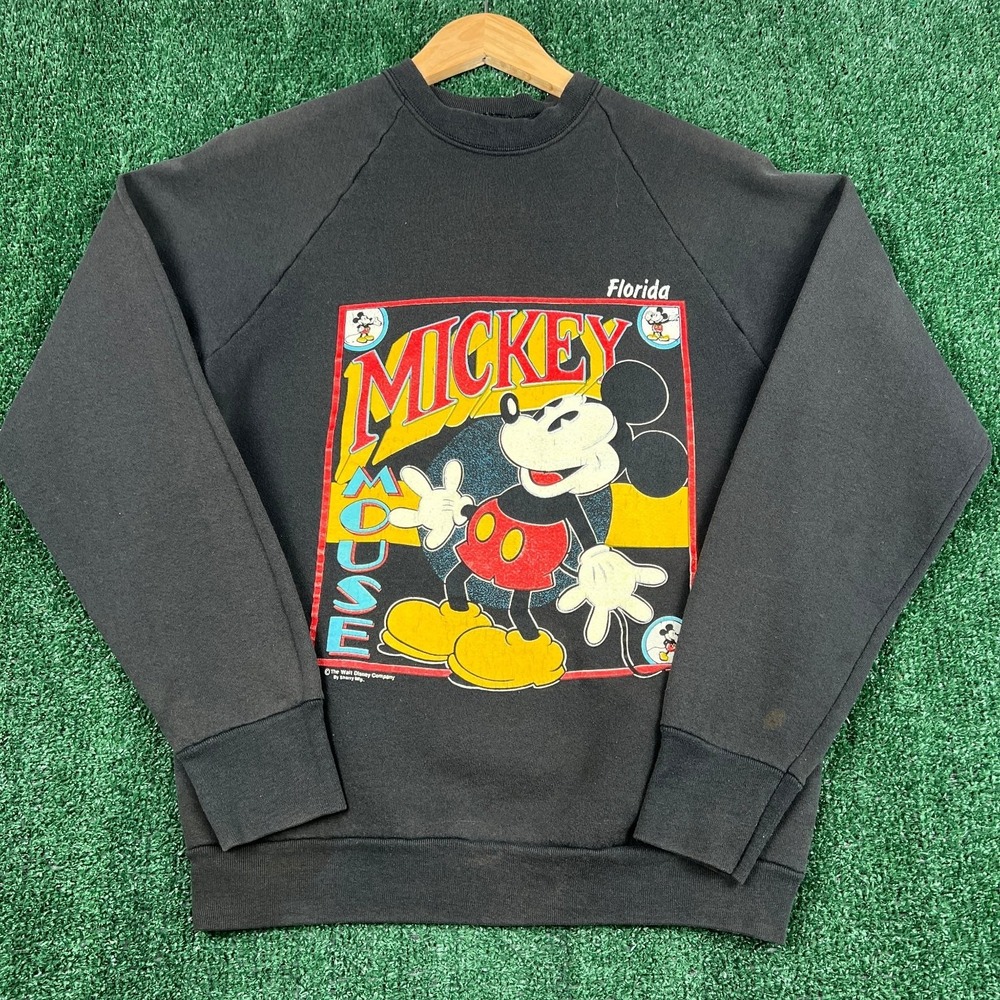 VTG Screen Stars Raglan Sweatshirt Mens S Faded Black Mickey Mouse Florida‎ USA